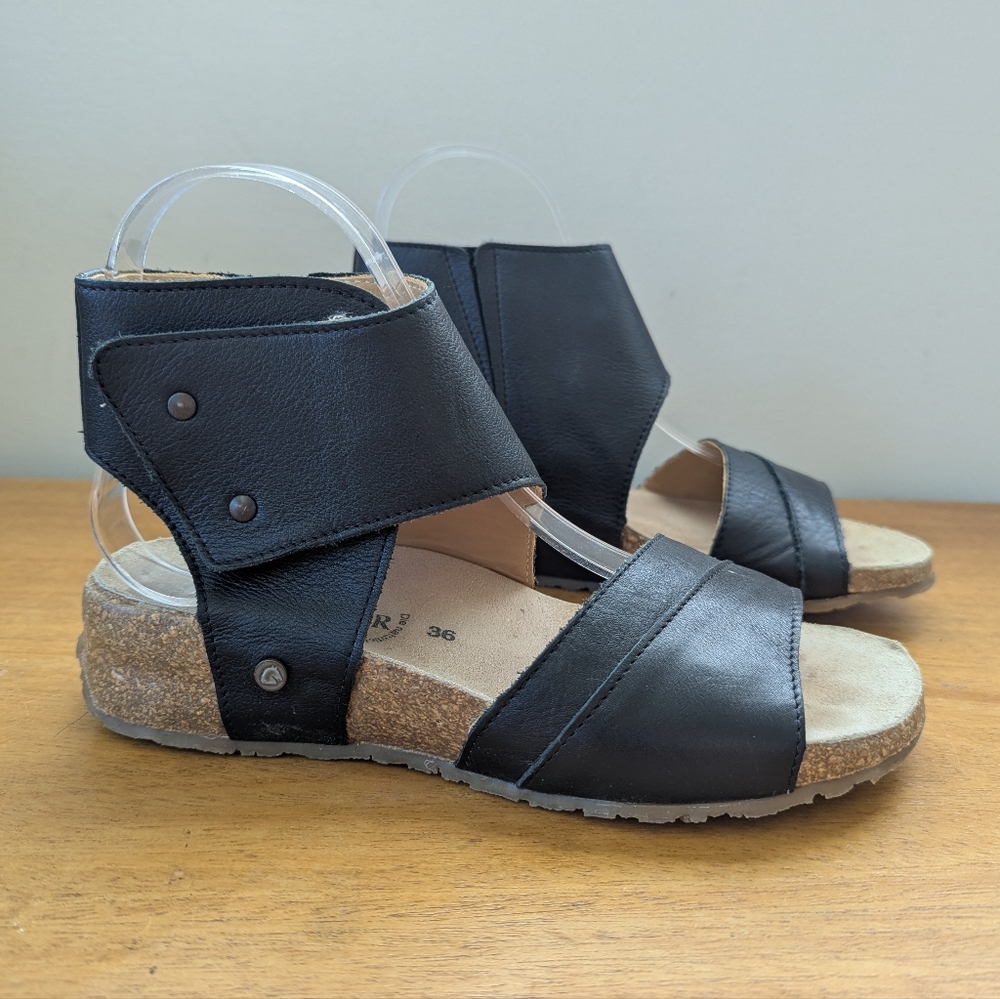 Haflinger Maxine Black Leather Ankle Wrap‎ Sandals 36